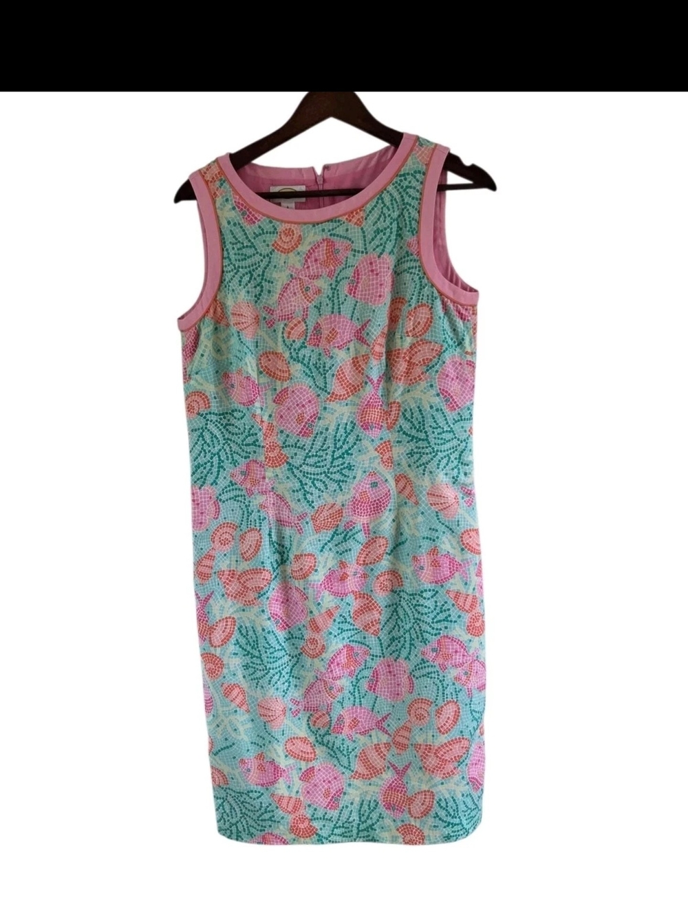 Talbots Cotton Pink Green Fish Print Shift Dress Sleeveless Womens Size 8 Beach